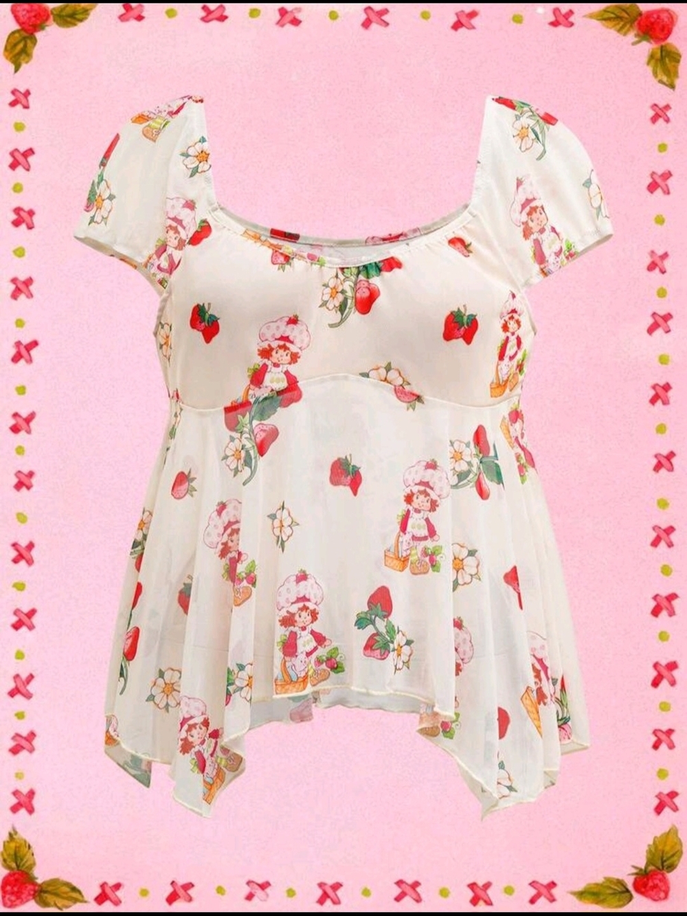 Strawberry Shortcake Print Peplum Top - White